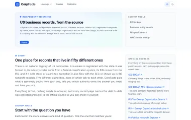 The CorpFacts home page, showing its US business-record lookup tools and the official sources behind them.